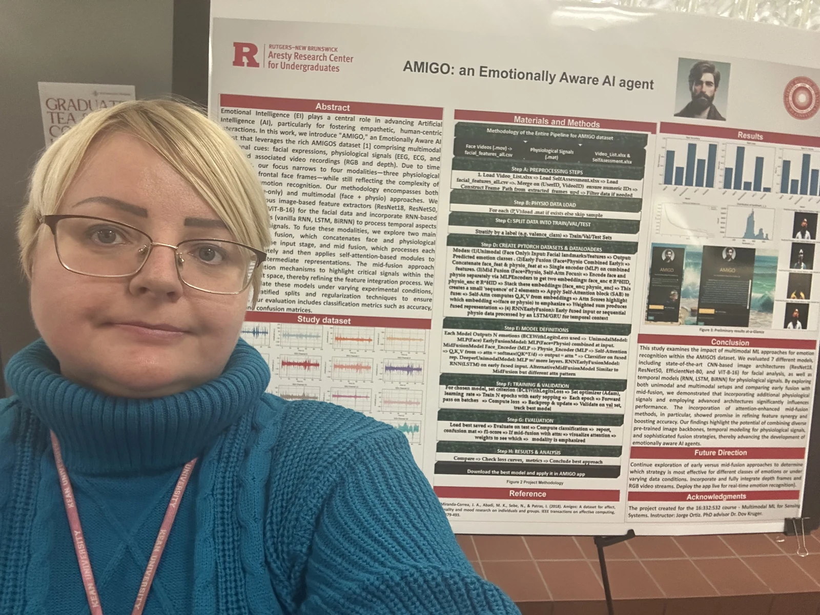 Julie beside the AMIGO emotionally aware AI agent research poster