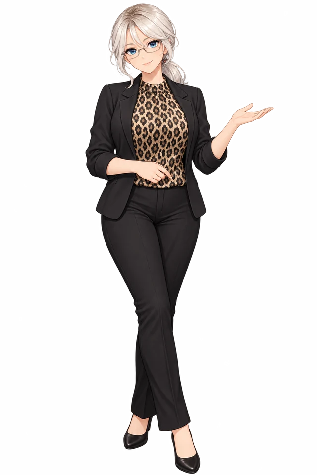 Julie in her black blazer, patterned blouse, and rectangular glasses