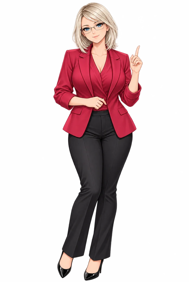 Julie in her raspberry business suit and rectangular glasses