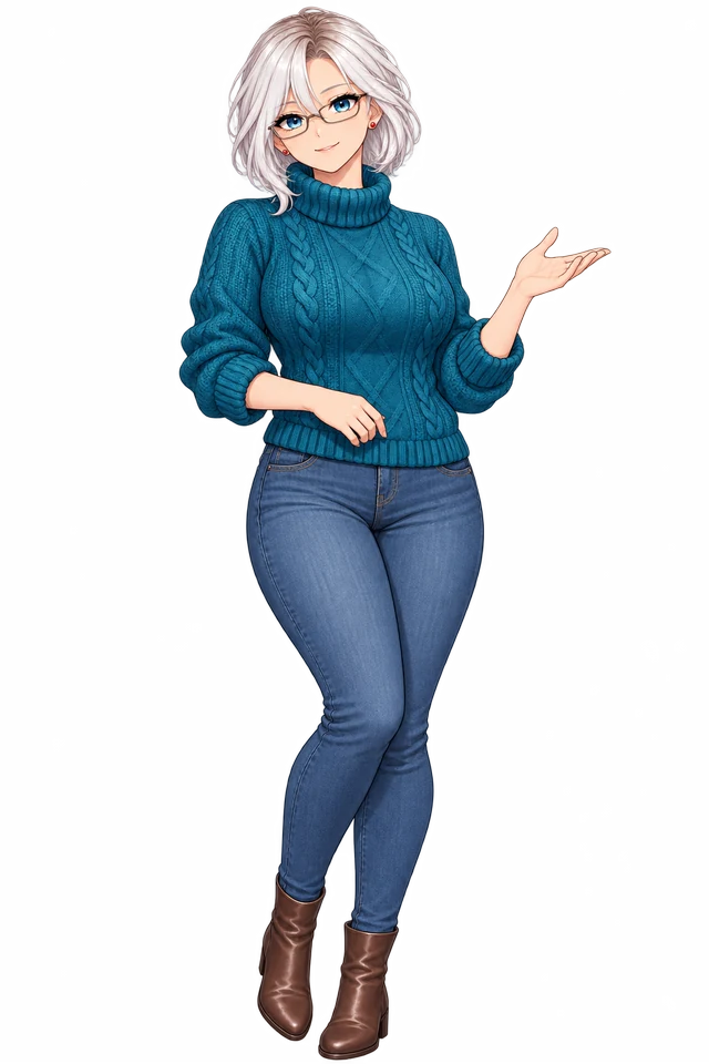 Julie in her teal teaching sweater and rectangular glasses