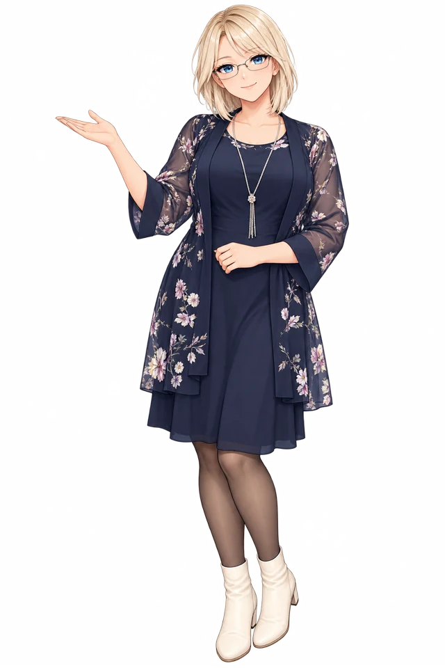 Julie in her navy floral dress and rectangular glasses