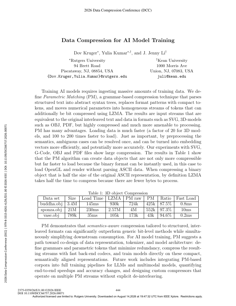 Published Data Compression for AI Model Training paper with measured three-dimensional object compression results