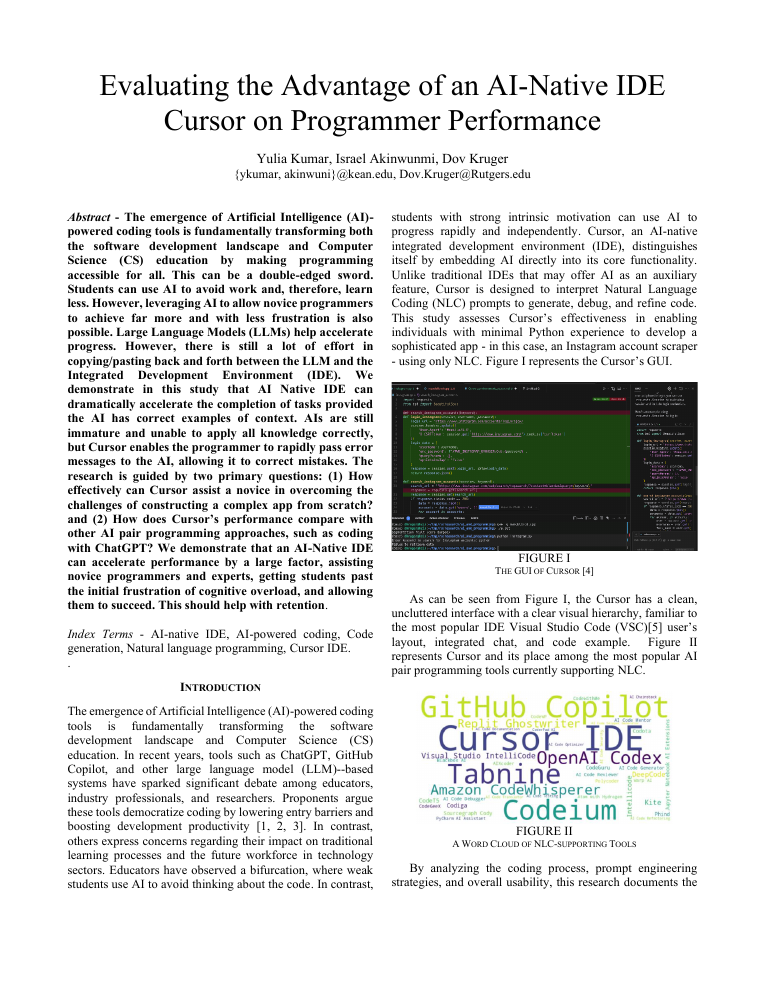 Published study page showing the Cursor IDE interface and a word cloud of compared AI coding tools